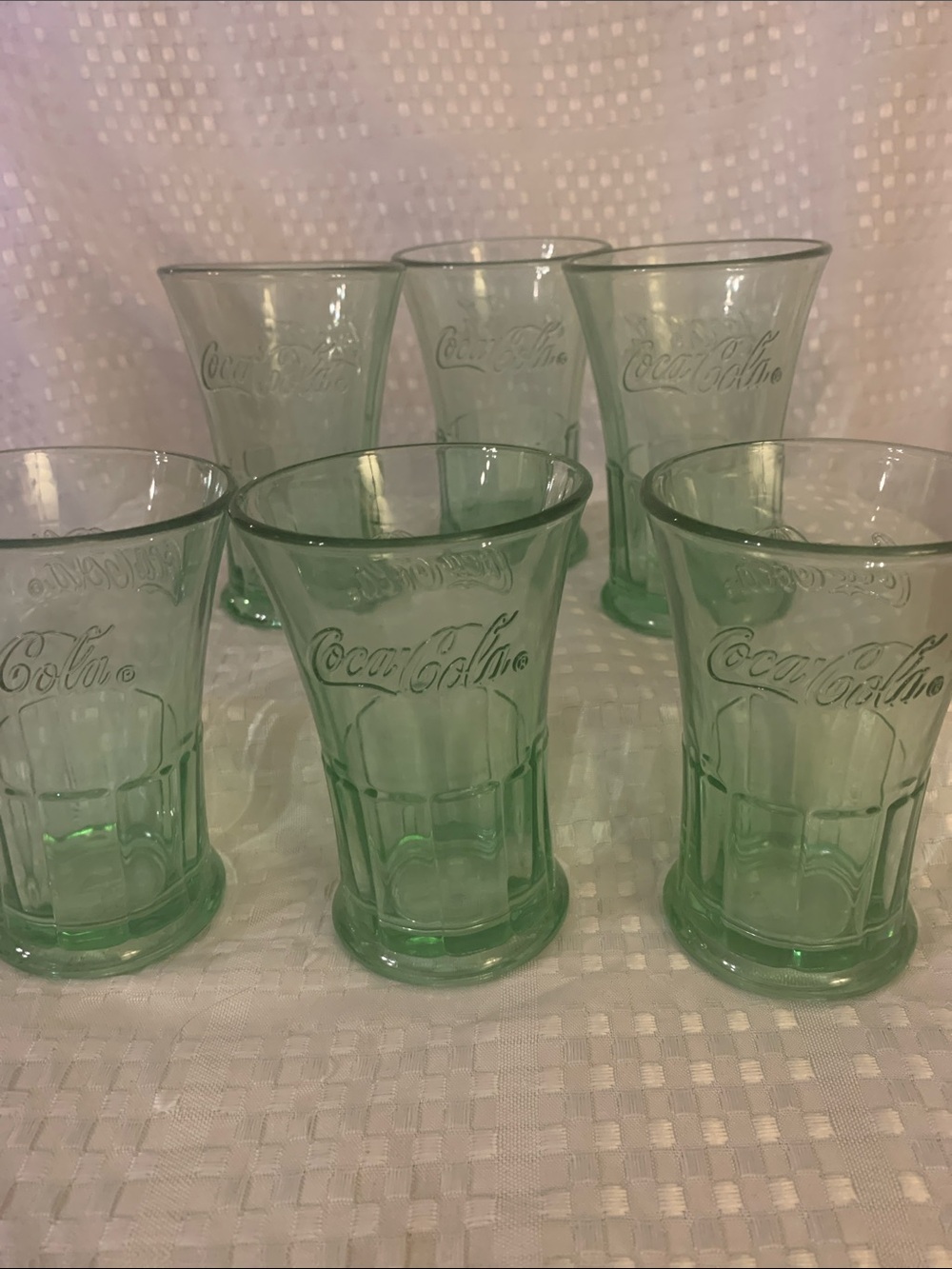 6 Coca-Cola Light Green Embossed Drinking Glasses 4.5 inches tall, like new.